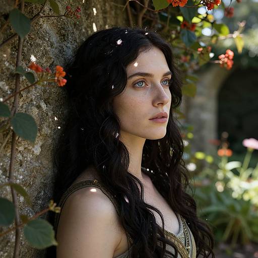 Photograph of a fair-skinned woman with long, wavy black hair, blue eyes, wearing a green dress, leaning against a textured stone wall