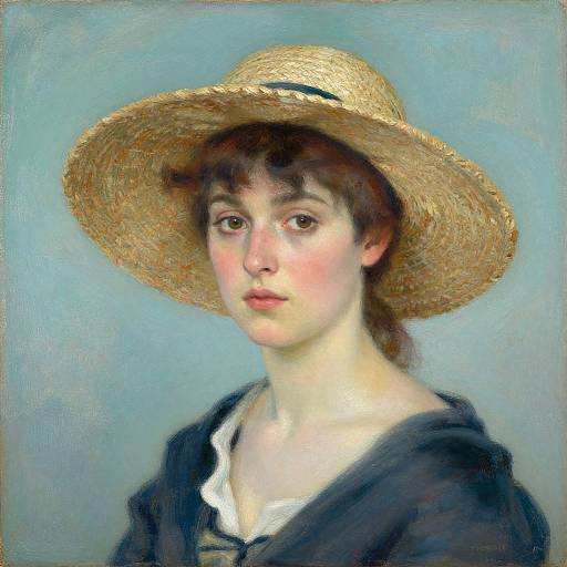 Oil painting of a young woman with fair skin, brown eyes, and brown hair, wearing a large straw hat and dark top, against a soft blue