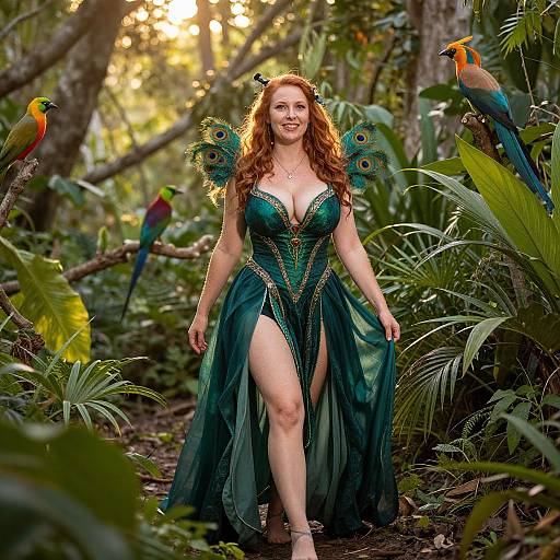 Photograph of a smiling red-haired woman in a green peacock-themed dress with peacock feather headpiece, surrounded by colorful parrots in a lush