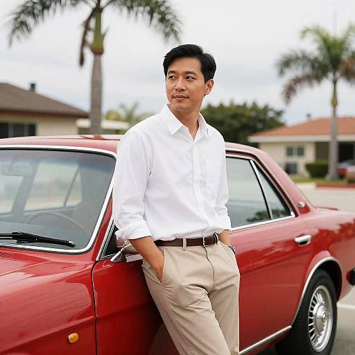 Asian Man by Vintage Red Car