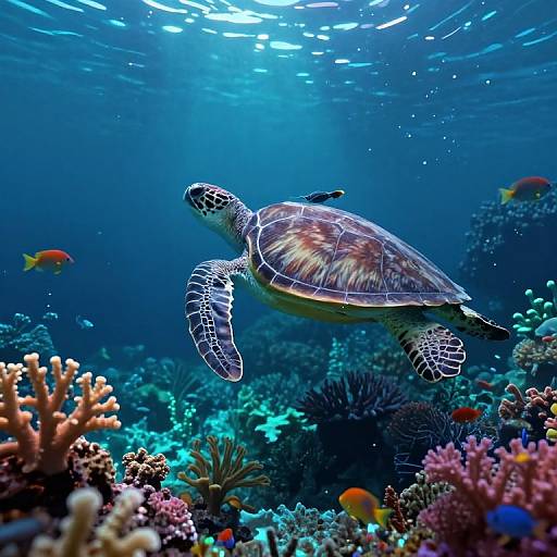 Photograph of a sea turtle swimming gracefully above vibrant coral reefs, surrounded by colorful fish and illuminated by underwater sunlight.