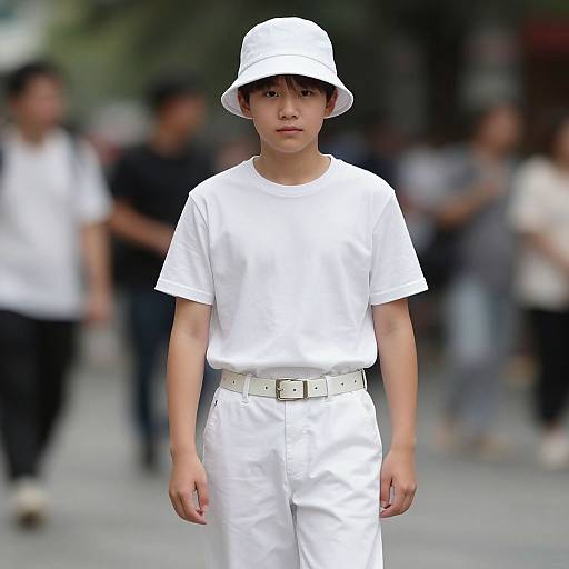 Photograph of an Asian teenager in a white bucket hat, white t-shirt, and white pants with a white belt, standing in a blurred urban background