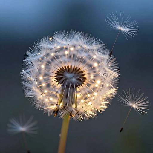 Close-up photograph of a glowing dandelion clock against a dark blue, blurred background. Illuminated white seeds radiate from the central black core,