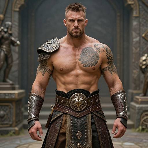Photograph of a muscular, tattooed man with short brown hair, beard, and serious expression, wearing medieval-style armor and black leather skirt, standing