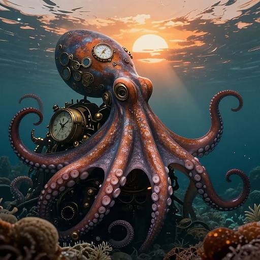 Digital art of a steampunk octopus with clock faces on its head, surrounded by coral, underwater at sunset.