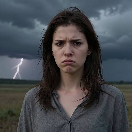 Photograph of a serious, wet-haired woman in a gray shirt against a stormy, lightning-lit sky, with dark clouds and a grassy