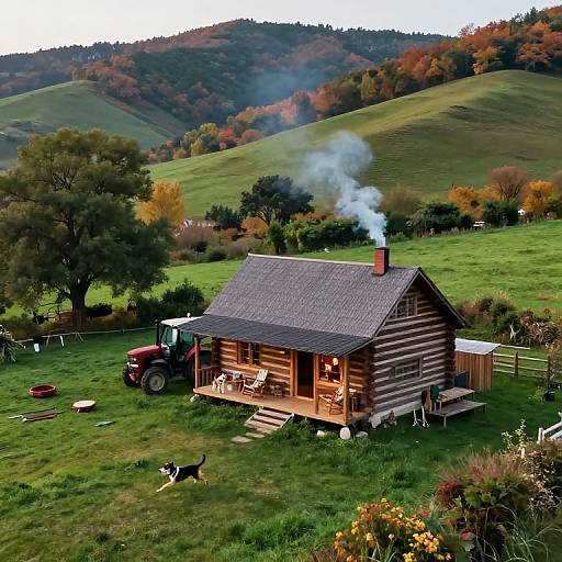 Photograph of rustic wooden cabin with smoke, red tractor, black and white dog, green hills, autumn trees, and scattered farm tools.