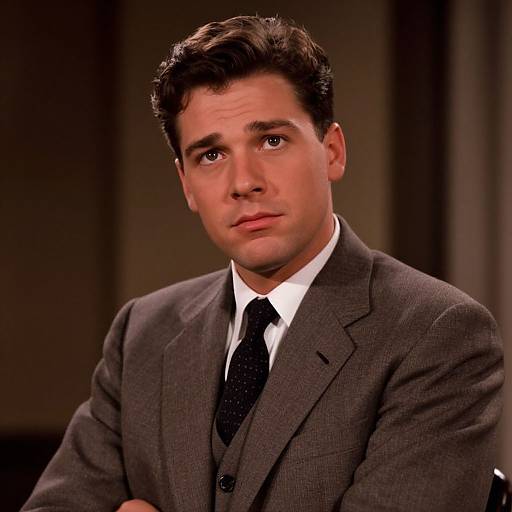 Photograph of a young man with dark hair, wearing a grey suit, white shirt, and black tie, looking slightly to the side. Dimly