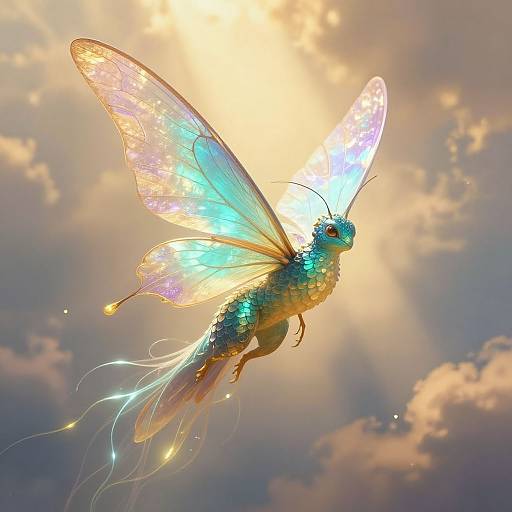 Digital artwork of a glowing, iridescent butterfly-like creature with translucent wings, illuminated by sunlight against a cloudy sky.