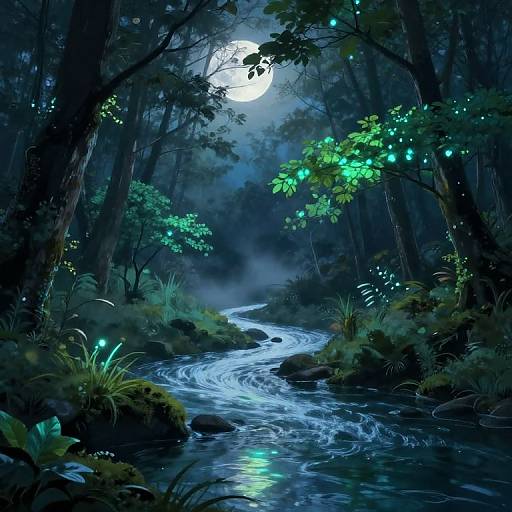 Digital painting of a moonlit forest with a winding, glowing stream, surrounded by bioluminescent plants and fireflies under a bright, full moon