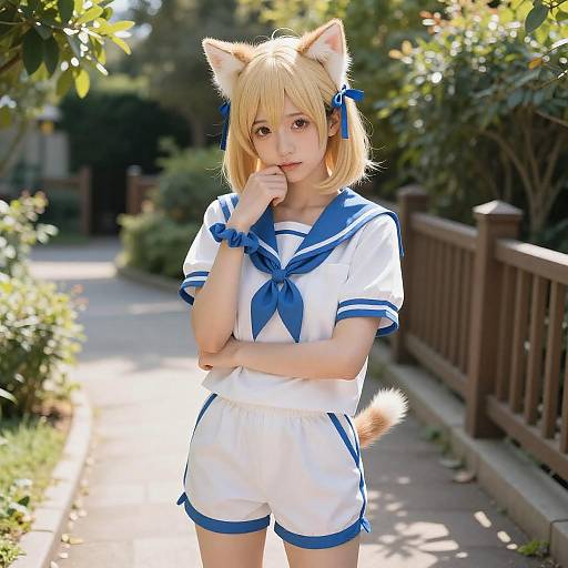 Anime Girl with Cat Ears in Garden