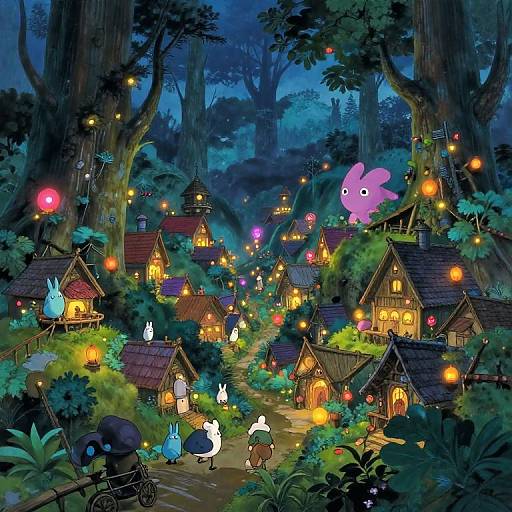 Whimsical nighttime forest village scene, illuminated by glowing lanterns and fireflies, featuring various cute, cartoonish animal characters and cozy, wooden houses