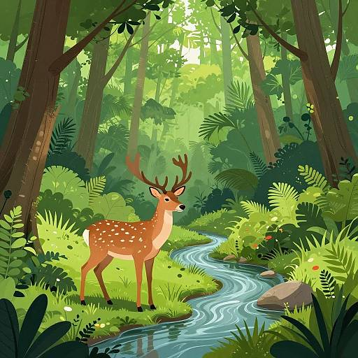 Digital illustration of a serene forest scene with a spotted deer standing by a winding, reflective stream amidst lush greenery and tall trees. Bright sunlight filters through
