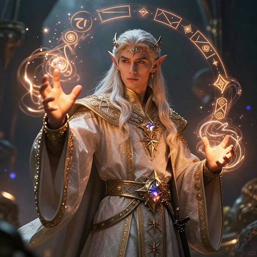 Digital art of an elven mage with long white hair, wearing ornate silver robes, casting glowing magical symbols around himself. Dark, mystical background with