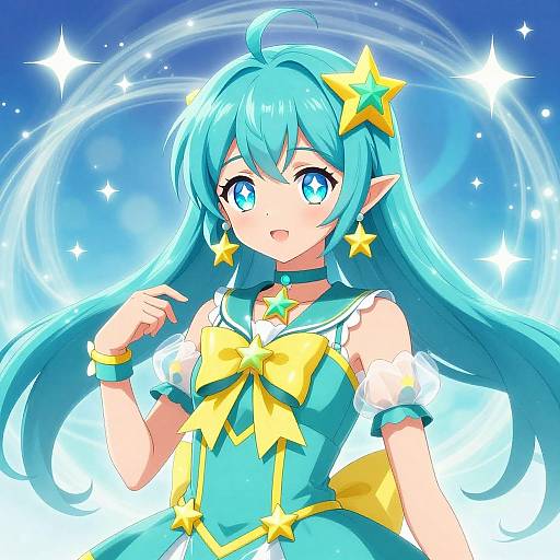 Digital anime-style drawing of a blue-haired girl with large blue eyes, star-shaped hairpins, and a turquoise dress with yellow stars. She stands against