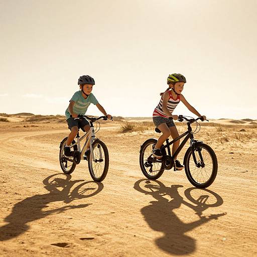 Photograph of two children biking in a sunlit, sandy desert; both wearing helmets, striped shirts, and shorts, casting long shadows.