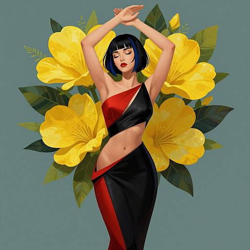 Digital art of a black-haired woman with red lips, arms raised, wearing a black and red one-shoulder dress, standing against large yellow flowers