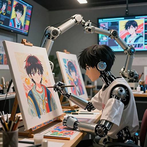 Cyborg artist with black hair, wearing white shirt, paints anime-style portrait on canvas using robotic arm, in brightly lit studio with monitors.