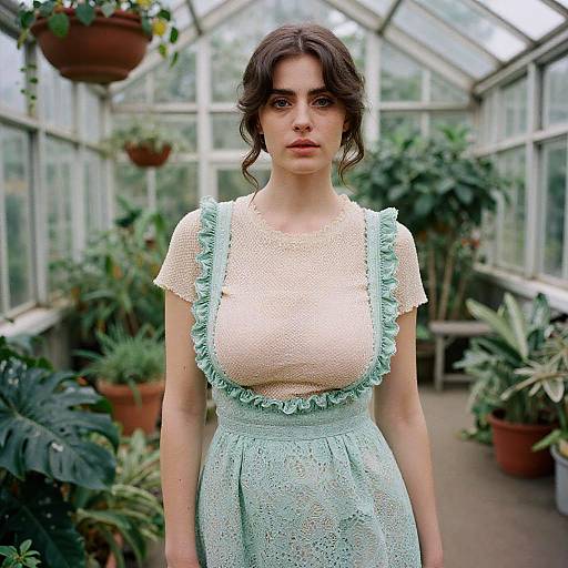 Photograph of a fair-skinned woman with brown wavy hair wearing a light green lace dress with ruffled shoulders, standing in a greenhouse filled with