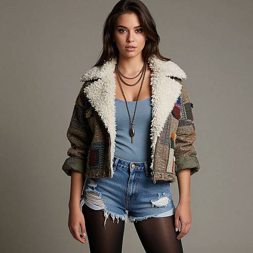 Photograph of a brunette woman with wavy hair, wearing a brown, patchwork jacket with white fur collar, blue tank top, distressed denim shorts