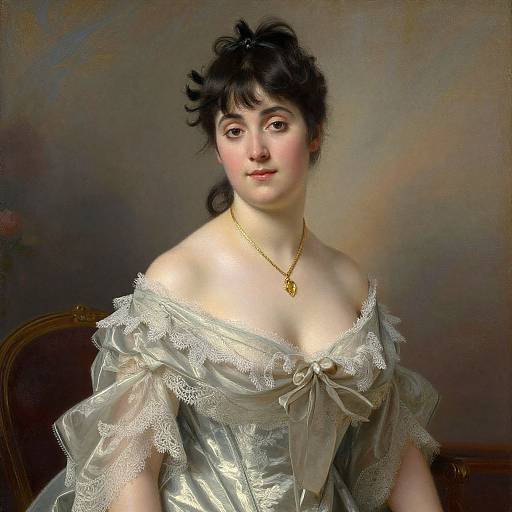 19th-century portrait of a fair-skinned woman with dark hair, wearing an off-shoulder, lace-trimmed, satin dress, gold