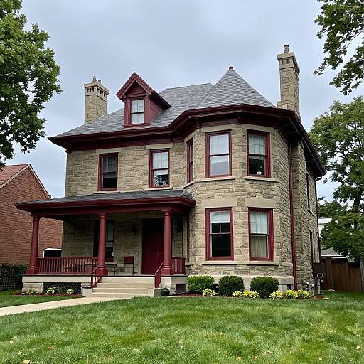 Photograph of a two-story, stone Victorian house with red trim, gabled roof, and large windows, set on a grassy lawn.