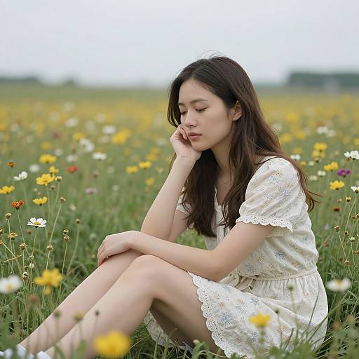 Photograph of a young Asian woman with long brown hair, sitting in a colorful meadow, wearing a white lace dress, eyes closed, hand resting