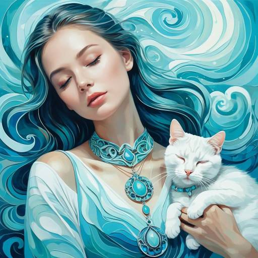 Calm Woman with White Cat and Blue Swirling Patterns