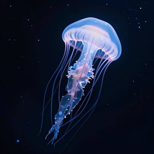 Photograph of a glowing blue and white jellyfish with translucent tentacles floating in a dark, star-speckled ocean background.