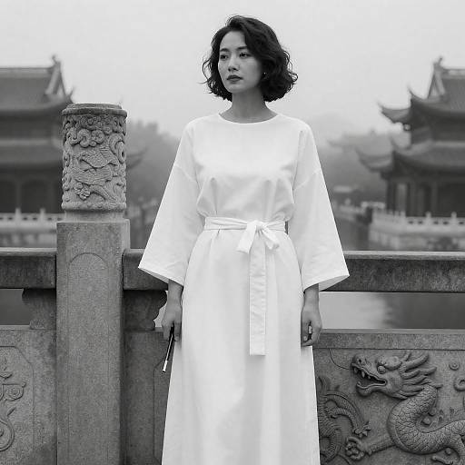 Woman in White Dress on Stone Bridge with Dragon Carvings