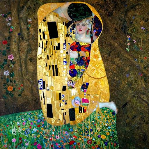 Gustav Klimt-style digital artwork of a blonde woman with colorful dress and hat, framed by golden mosaic, surrounded by vibrant flowers and grass