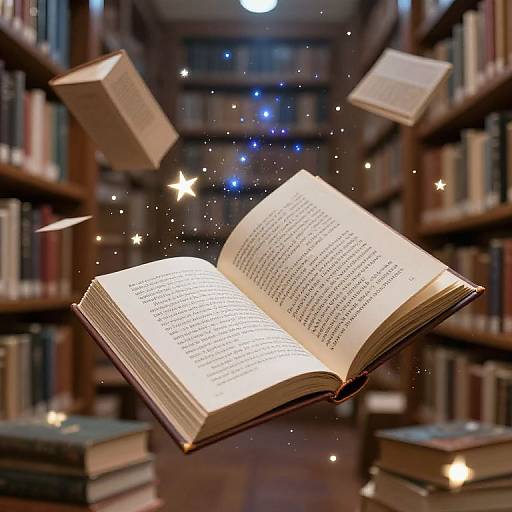 Photograph of an open, glowing book floating in a library with sparkling stars, surrounded by floating books and bookshelves.