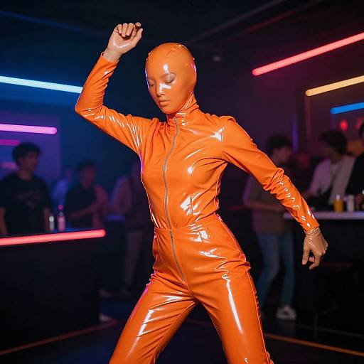 Photograph of a bald, androgynous person in a shiny, bright orange latex bodysuit, striking a dynamic dance pose in a neon