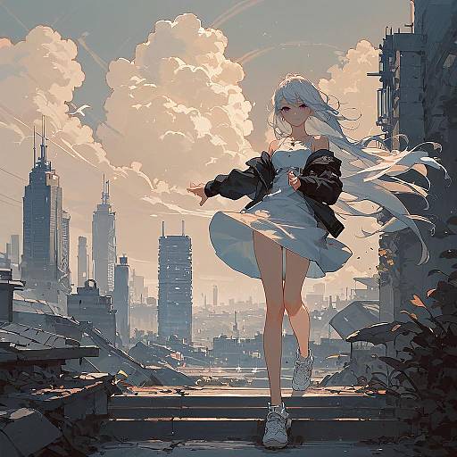 Girl in Sundress at Night Cityscape