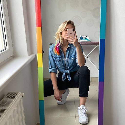 Colorful Selfie of Trendy Blonde Woman