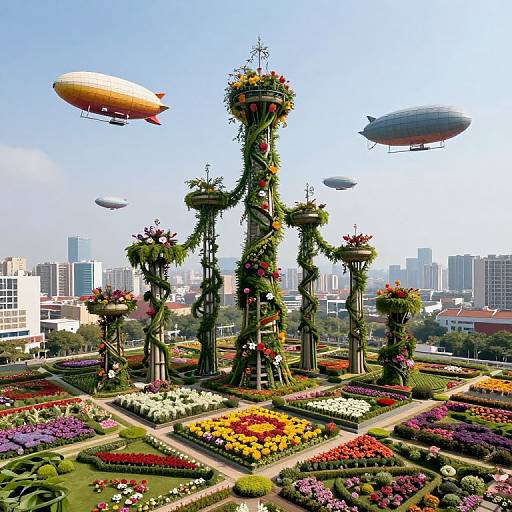 Digital artwork of a vibrant, flower-adorned, trellis-like garden structure with airships in a cityscape background. Bright colors, intricate