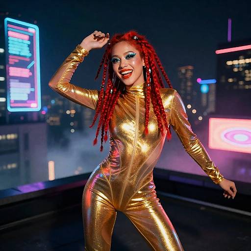 Futuristic Dancer in Gold Catsuit on Neon Rooftop
