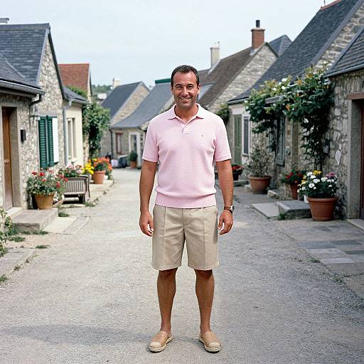 Photograph of a smiling middle-aged man with short dark hair, wearing a pink polo shirt, beige shorts, and beige shoes, standing in a narrow