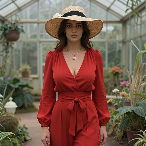 Photograph of a fair-skinned woman with dark hair, wearing a red wrap dress, large straw hat, and necklace, standing in a lush greenhouse