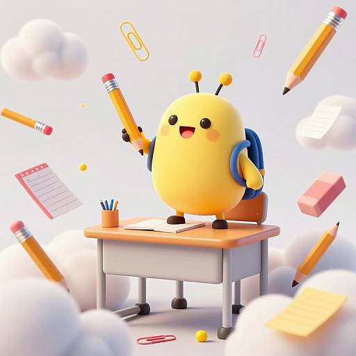Cute, yellow, round robot with antennae and blue backpack stands on desk, holding pencil, surrounded by floating pencils and erasers. Digital illustration