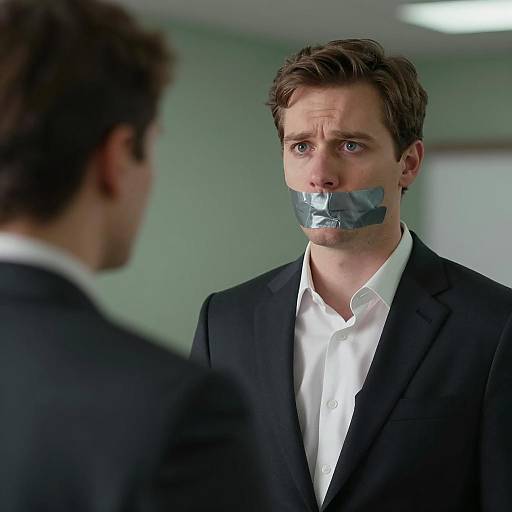 Man Silenced in Dark Suit Scenario