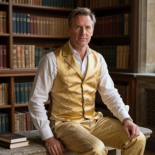 Photograph of a middle-aged man with gray hair, wearing a gold vest and white shirt, sitting in a sunlit library with wooden shelves filled with