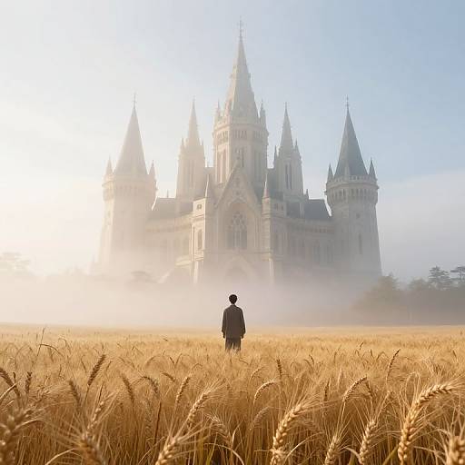 Photograph: Silhouetted man in black suit stands in golden wheat field, gazing at majestic, foggy, Gothic-style castle with tall
