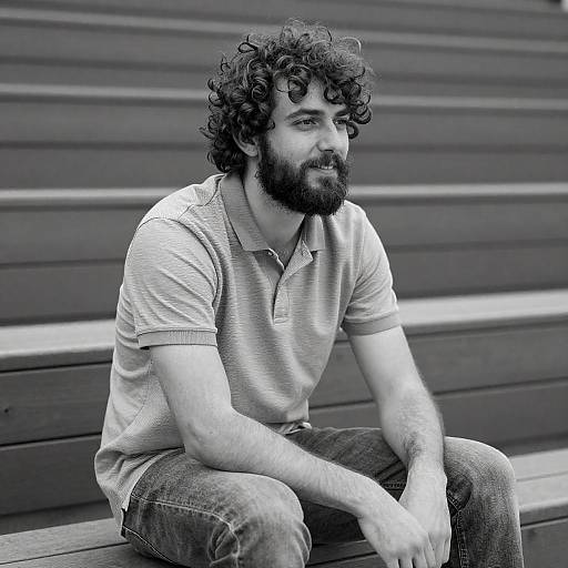 Black-and-White Bearded Man on Bleachers