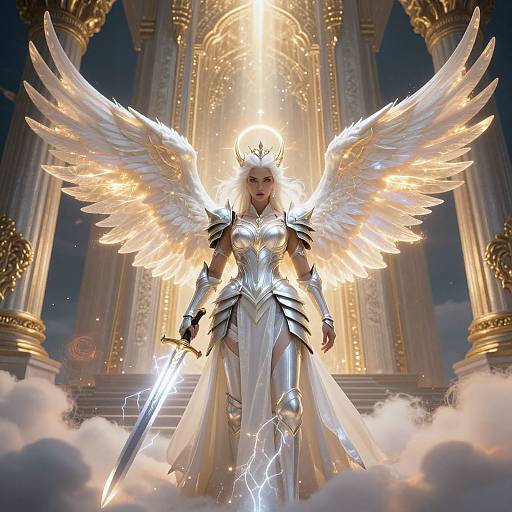 Digital art of a radiant, angelic warrior woman with glowing white wings, golden armor, and a sword, standing on clouds in a grand, illuminated