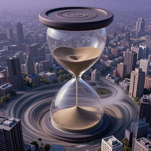Photographic CGI of a giant hourglass with swirling sand, hovering above a cityscape with skyscrapers and circular road patterns.