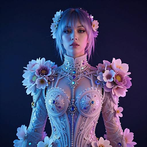 Photograph of a woman with short purple hair, wearing an intricate, silver, floral-adorned bodice, illuminated by blue and pink lights against