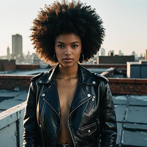 Young Woman with Afro and Leather Jacket on Rooftop