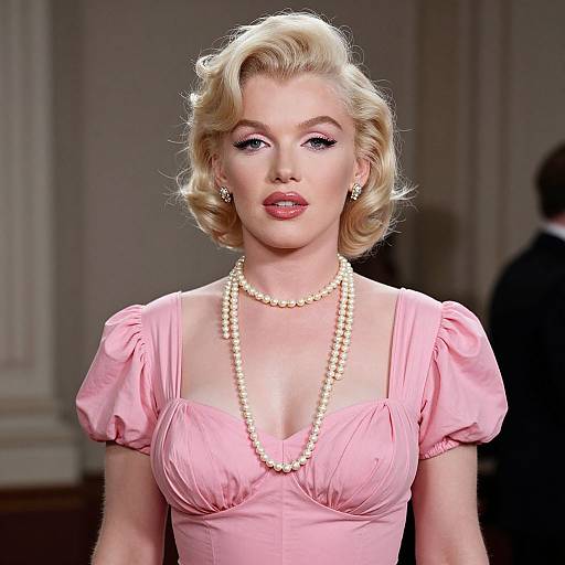Photograph of a blonde woman with vintage-style curls, wearing a pink dress with puffed sleeves, pearl necklace, and earrings, standing against a blurred