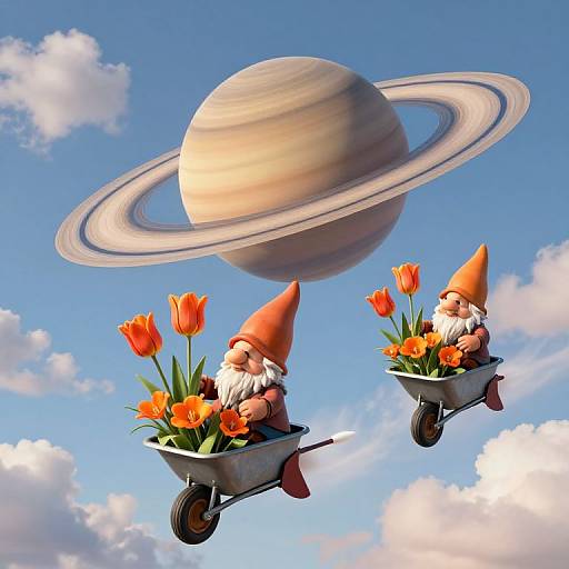 Digital illustration of two gnomes with orange hats and beards, flying in wheelbarrows, carrying orange tulips, against a bright blue sky